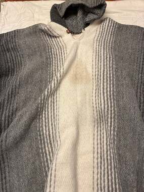 Handmade Alpaca Wool Hooded Poncho Unisex Striped Grey and White